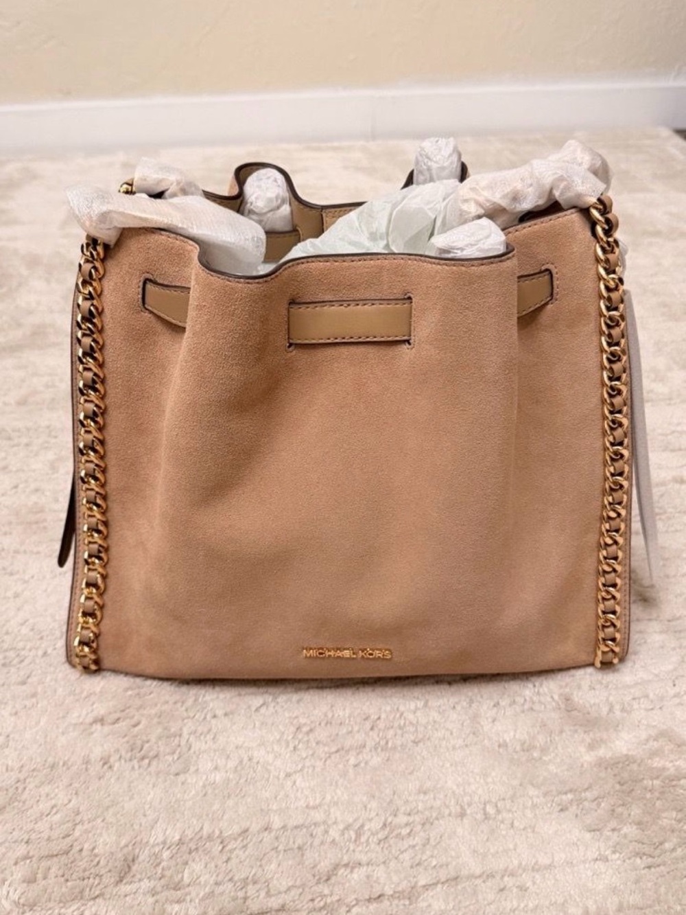 Michael Kors: Nolita Tan Suede Shoulder Bag with Gold Chain Trim